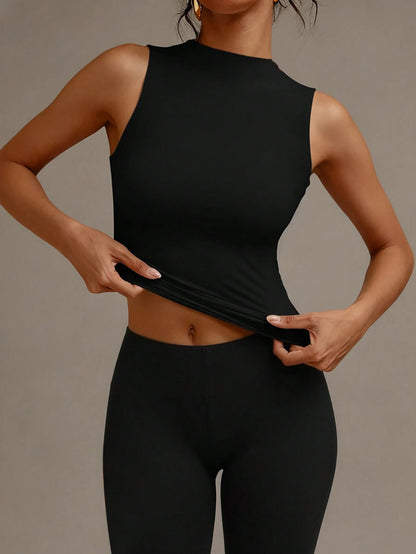 XLLAIS Crew Neck Sleeveless Solid Color Undershirt, Double-Layer Stretchy Slim Fit T-Shirt Casual Black Summer, Everyday Wear