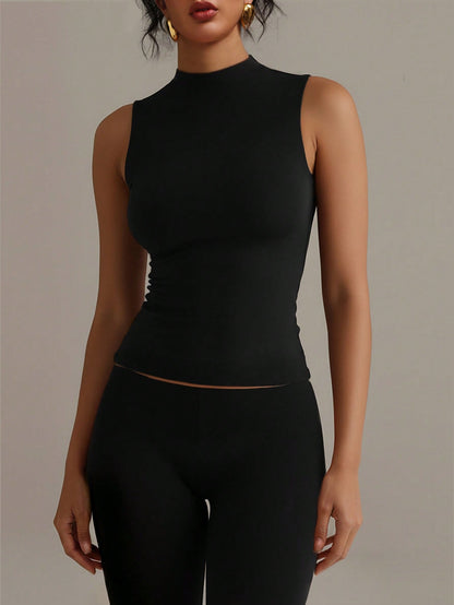 XLLAIS Crew Neck Sleeveless Solid Color Undershirt, Double-Layer Stretchy Slim Fit T-Shirt Casual Black Summer, Everyday Wear
