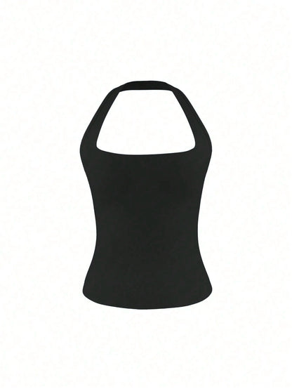 XLLAIS Sexy Backless Camisole, Fashionable Square Neck Elastic Casual Black Fitted Summer Tank Top For Women, Date Night