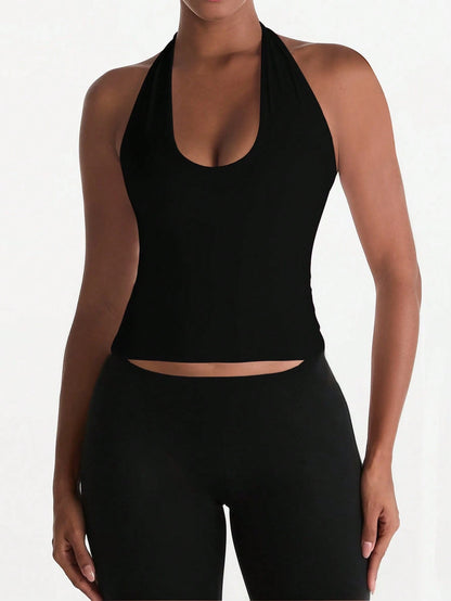 XLLAIS Sexy Backless Camisole, Fashionable U-Neck Elastic Casual Fitted Women's Tank Top, Suitable For Back To School & Halloween Season Black Summer