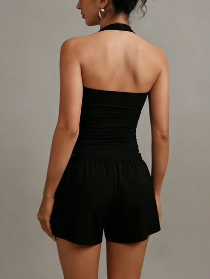 XLLAIS Sexy Backless Camisole, Fashionable U-Neck Elastic Casual Fitted Women's Tank Top, Suitable For Back To School & Halloween Season Black Summer