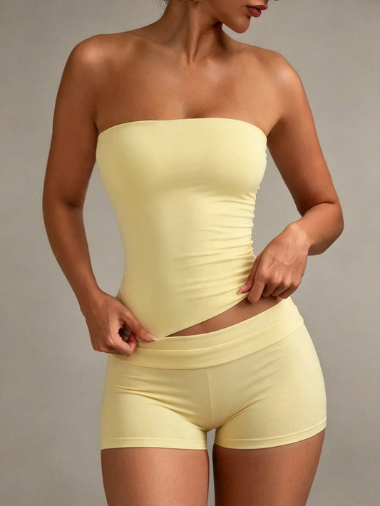 XLLAIS Sexy Strapless Basic Camisole, Fashionable Solid Color Elastic Fitted Tube Top, Suitable For Women All Seasons Casual Summer Yellow, Y2K Aesthetic