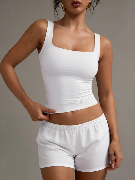 XLLAIS Women's Solid Color Square Neck Sleeveless Tank Top, Fitted Casual Wear, White, Spring/Summer, Clean Girl Aesthetic