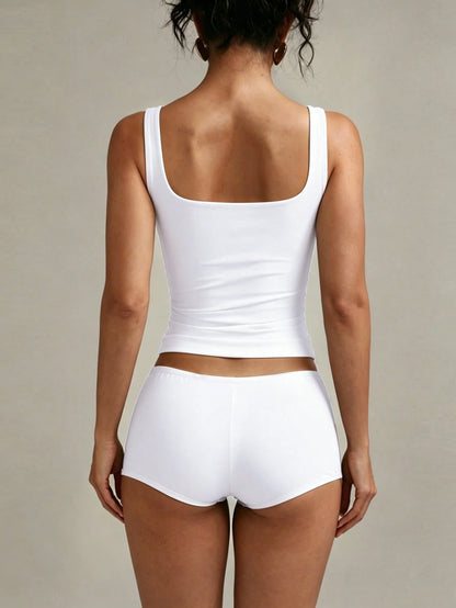 XLLAIS Women's Solid Color Square Neck Sleeveless Tank Top, Fitted Casual Wear, White, Spring/Summer, Clean Girl Aesthetic