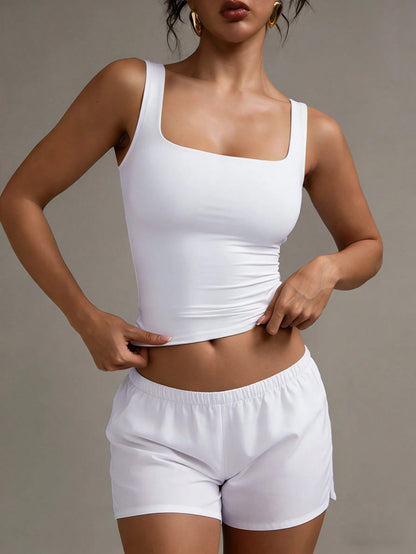 XLLAIS Women's Solid Color Square Neck Sleeveless Tank Top, Fitted Casual Wear, White, Spring/Summer, Clean Girl Aesthetic