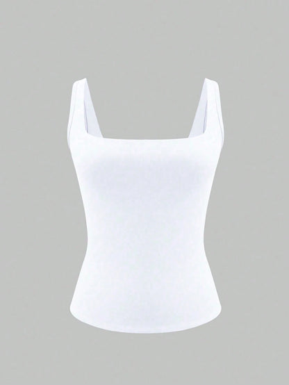 XLLAIS Women's Solid Color Square Neck Sleeveless Tank Top, Fitted Casual Wear, White, Spring/Summer, Clean Girl Aesthetic