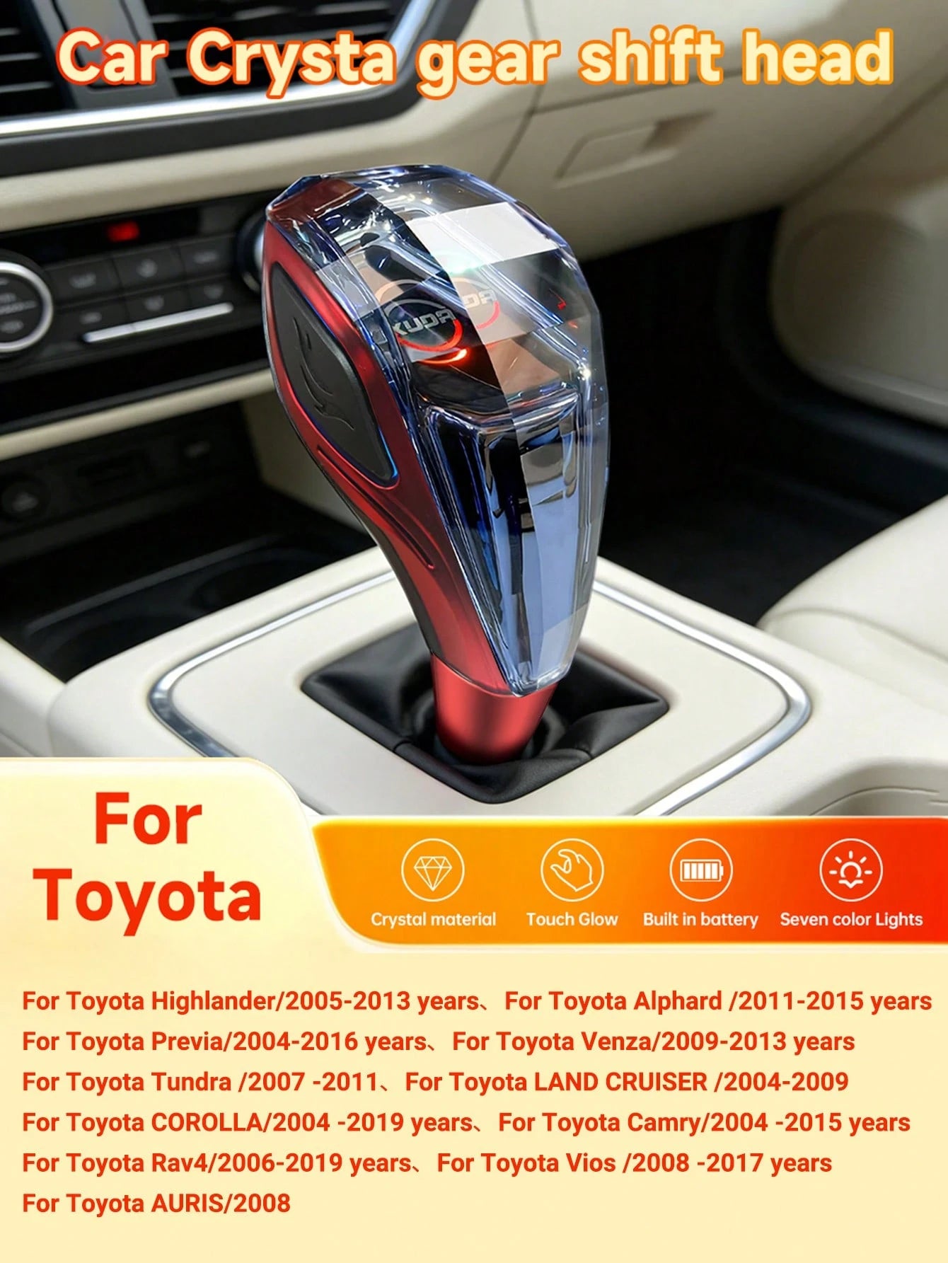 XUDA 2026 New Car Crystal Gear Shift Knob, Crystal Seven-Color LED Light Gear Shift Handle, Cool Color Scheme, Side Lighting, Plug And Play, Comfortable Grip, Wear-Resistant And Scratch-Resistant, Sui
