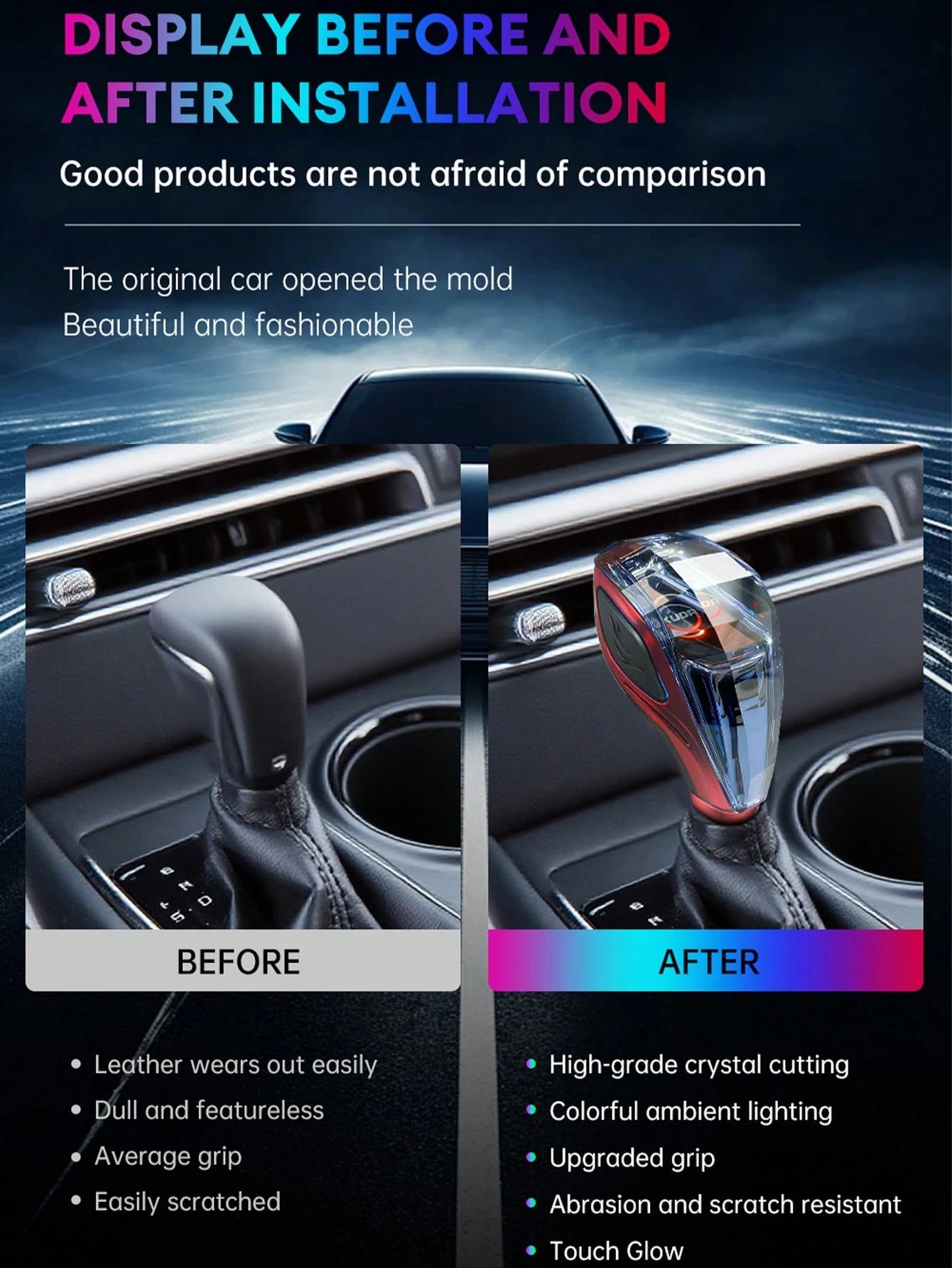 XUDA 2026 New Car Crystal Gear Shift Knob, Crystal Seven-Color LED Light Gear Shift Handle, Cool Color Scheme, Side Lighting, Plug And Play, Comfortable Grip, Wear-Resistant And Scratch-Resistant, Sui