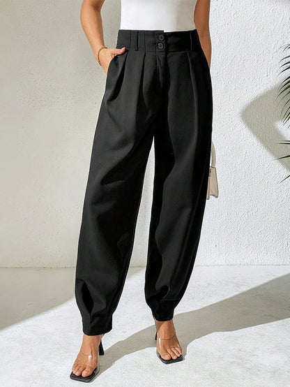 Xyvia Women's Elegant High Waisted Double Button Decor Pleated Straight Leg Suit Pants, Casual, Spring/Autumn