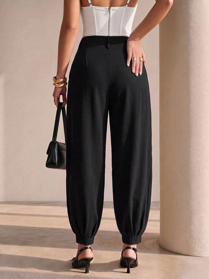 Xyvia Women's Elegant High Waisted Double Button Decor Pleated Straight Leg Suit Pants, Casual, Spring/Autumn