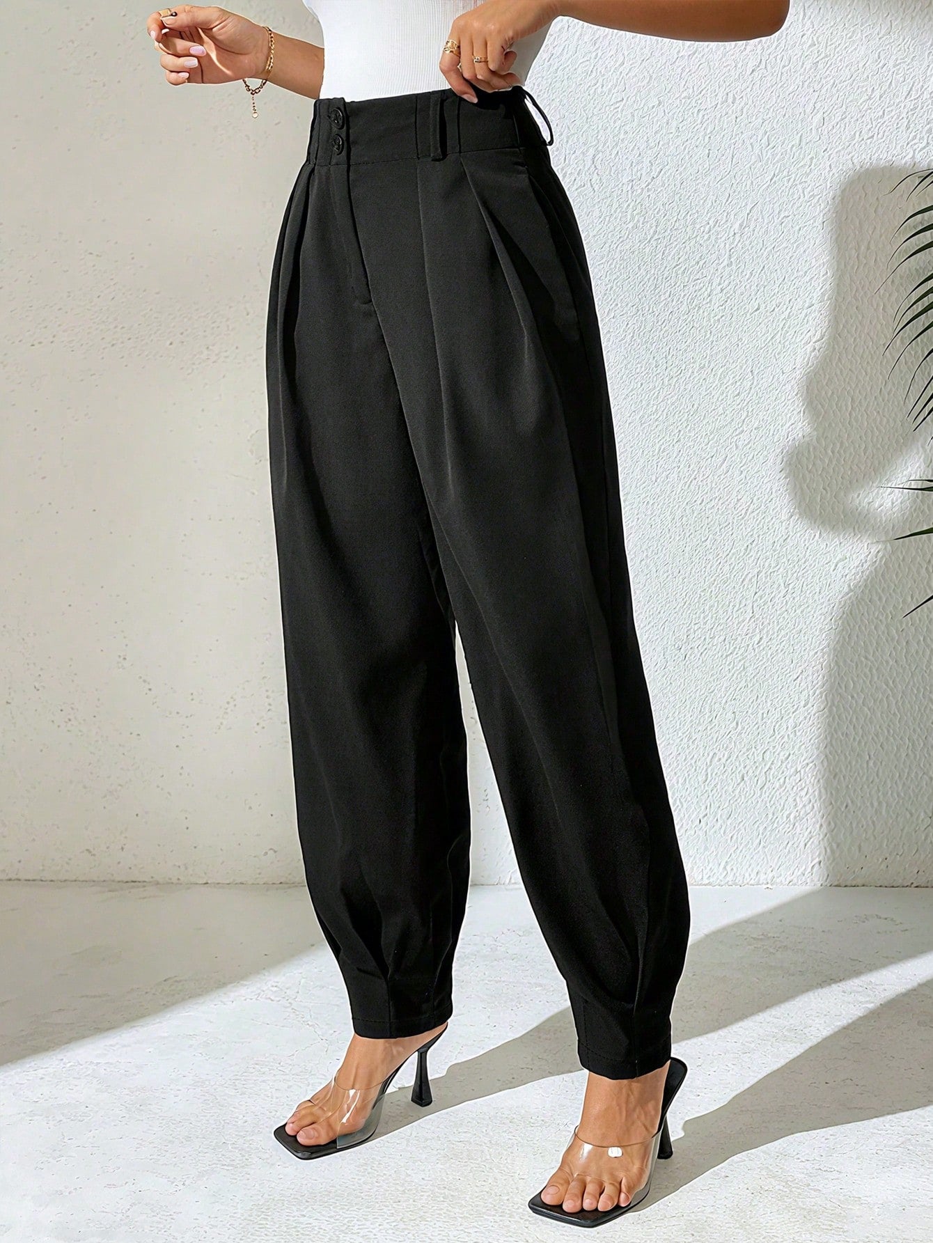 Xyvia Women's Elegant High Waisted Double Button Decor Pleated Straight Leg Suit Pants, Casual, Spring/Autumn