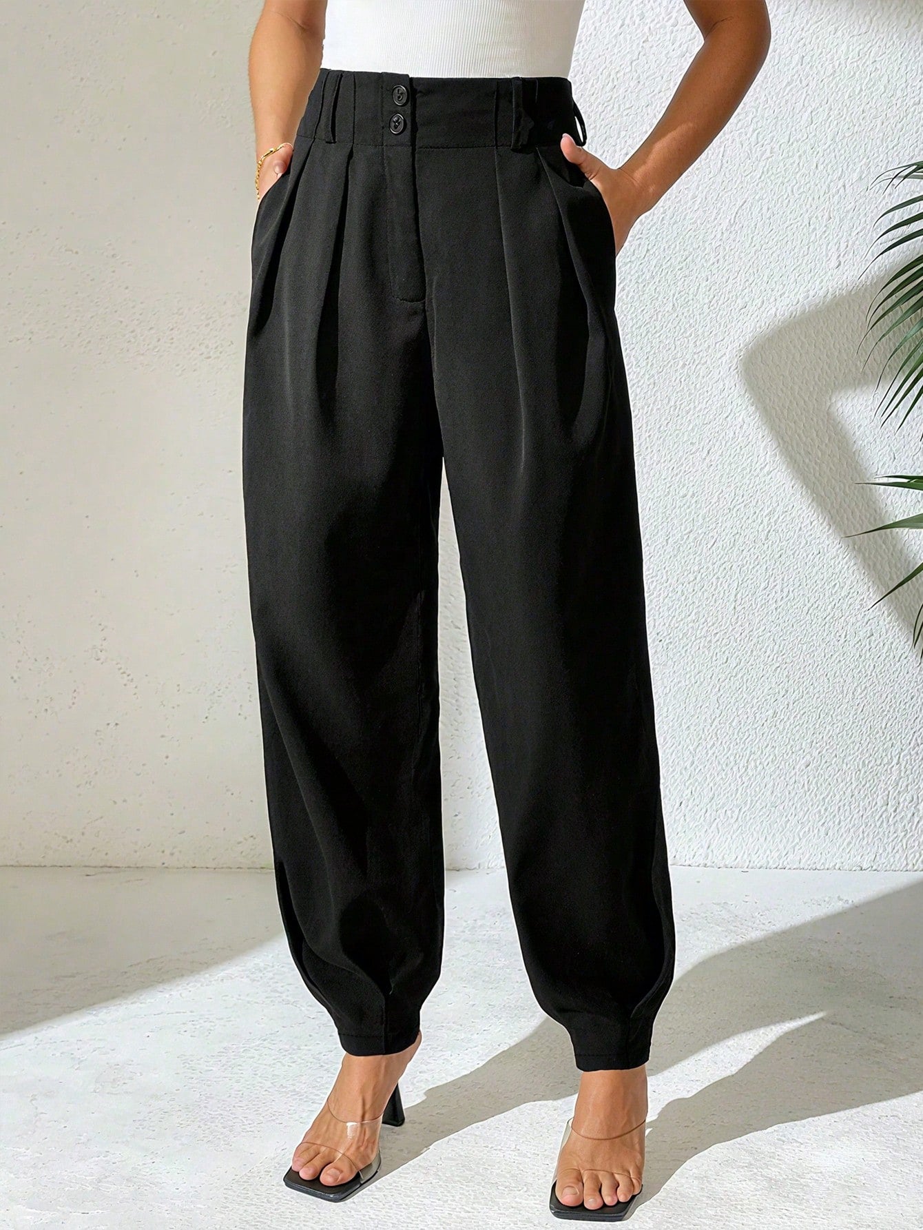 Xyvia Women's Elegant High Waisted Double Button Decor Pleated Straight Leg Suit Pants, Casual, Spring/Autumn