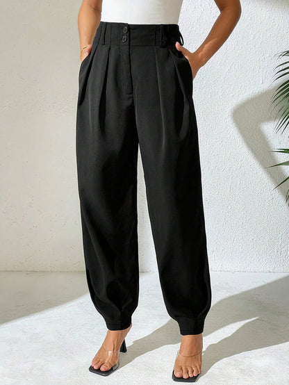 Xyvia Women's Elegant High Waisted Double Button Decor Pleated Straight Leg Suit Pants, Casual, Spring/Autumn
