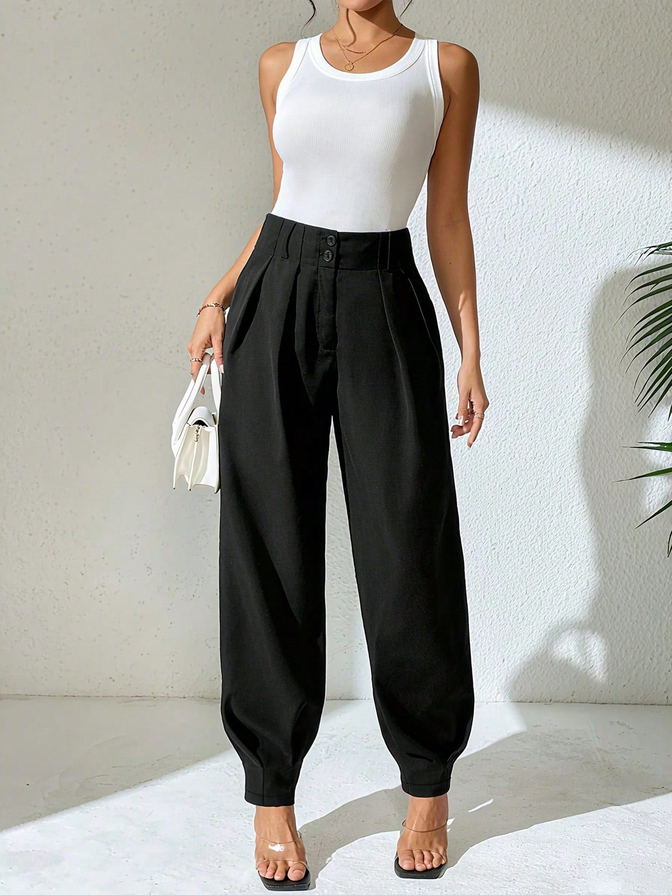 Xyvia Women's Elegant High Waisted Double Button Decor Pleated Straight Leg Suit Pants, Casual, Spring/Autumn