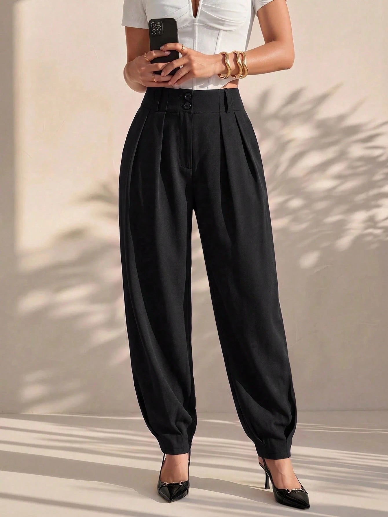 Xyvia Women's Elegant High Waisted Double Button Decor Pleated Straight Leg Suit Pants, Casual, Spring/Autumn