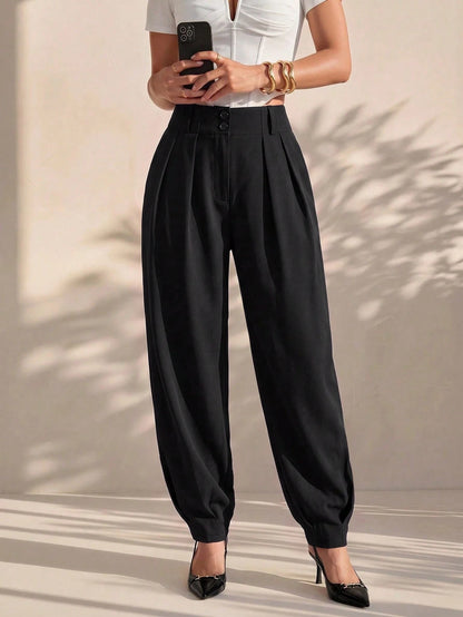 Xyvia Women's Elegant High Waisted Double Button Decor Pleated Straight Leg Suit Pants, Casual, Spring/Autumn