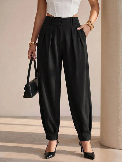 Xyvia Women's Elegant High Waisted Double Button Decor Pleated Straight Leg Suit Pants, Casual, Spring/Autumn