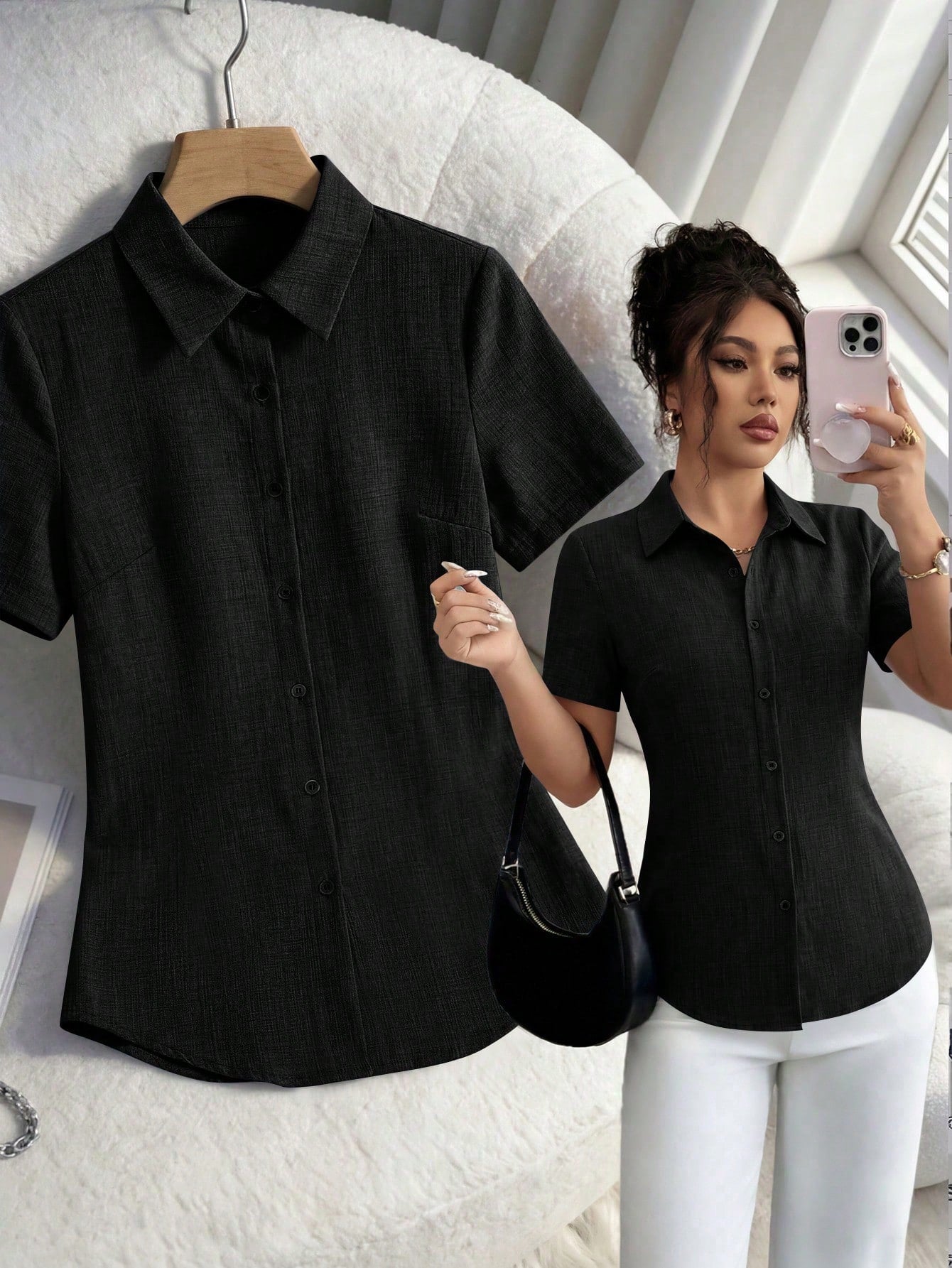 Xyvia Women's Solid Color Minimalist Short Sleeve Shirt, Casual Everyday Wear
