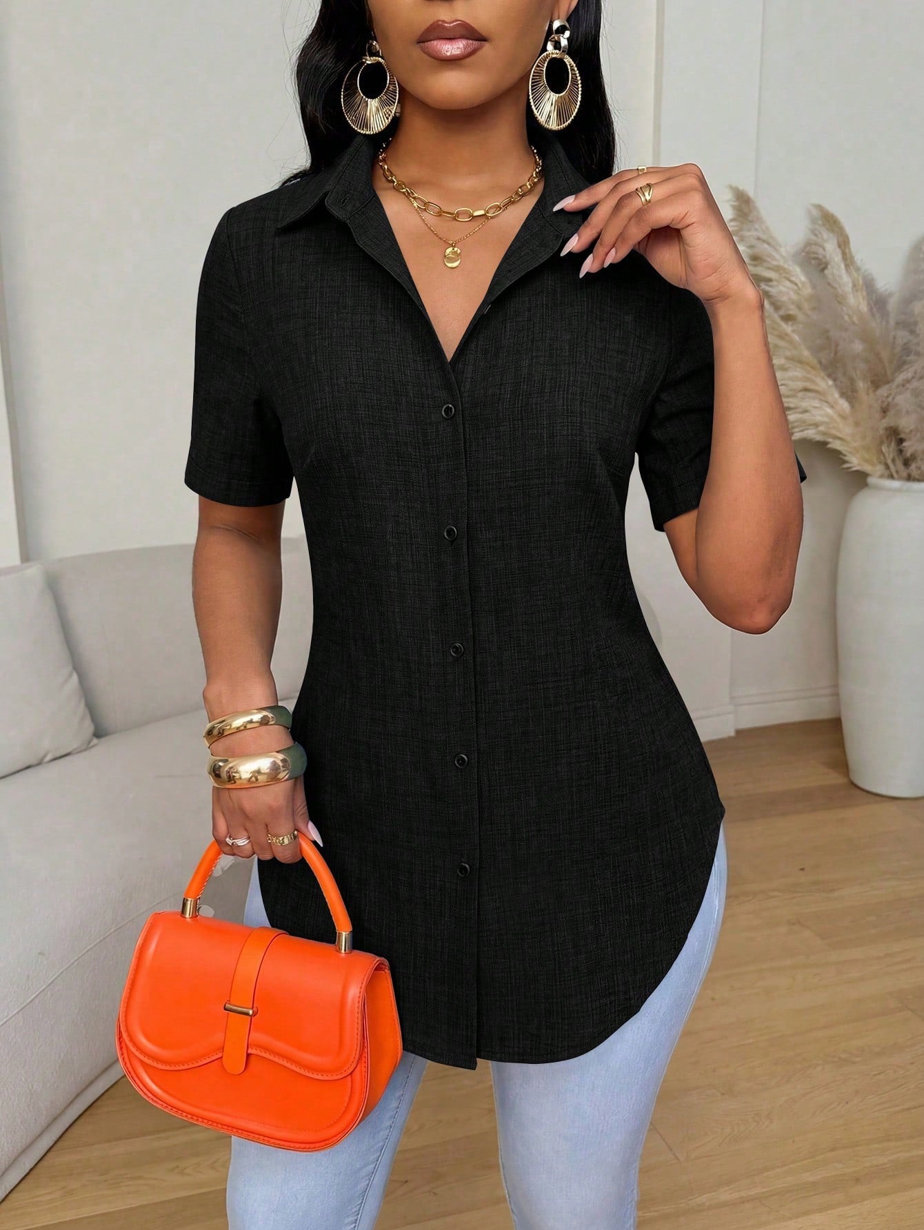 Xyvia Women's Solid Color Minimalist Short Sleeve Shirt, Casual Everyday Wear