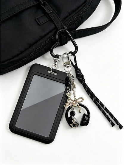 Y2K Card Holder Keychain With Earphone Pendant And Lanyard, Portable ID Holder, Customizable Card Sleeve, Ins Style Bag Charm, ID Holder, Credit Card Holder, Suitable For School/Work/Office/Daily Use