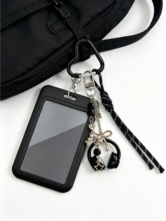 Y2K Card Holder Keychain With Earphone Pendant And Lanyard, Portable ID Holder, Customizable Card Sleeve, Ins Style Bag Charm, ID Holder, Credit Card Holder, Suitable For School/Work/Office/Daily Use