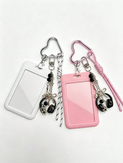 Y2K Card Holder Keychain With Earphone Pendant And Lanyard, Portable ID Holder, Customizable Card Sleeve, Ins Style Bag Charm, ID Holder, Credit Card Holder, Suitable For School/Work/Office/Daily Use