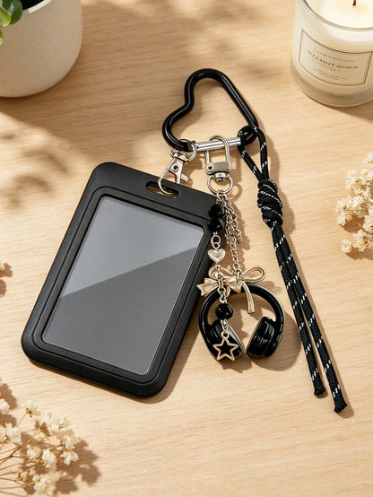 Y2K Card Holder Keychain With Earphone Pendant And Lanyard, Portable ID Holder, Customizable Card Sleeve, Ins Style Bag Charm, ID Holder, Credit Card Holder, Suitable For School/Work/Office/Daily Use