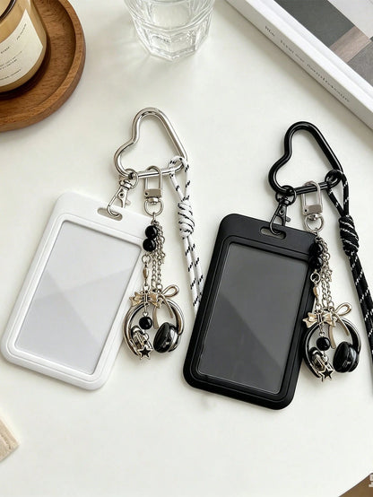 Y2K Card Holder Keychain With Earphone Pendant And Lanyard, Portable ID Holder, Customizable Card Sleeve, Ins Style Bag Charm, ID Holder, Credit Card Holder, Suitable For School/Work/Office/Daily Use