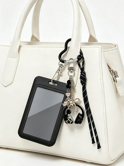 Y2K Card Holder Keychain With Earphone Pendant And Lanyard, Portable ID Holder, Customizable Card Sleeve, Ins Style Bag Charm, ID Holder, Credit Card Holder, Suitable For School/Work/Office/Daily Use