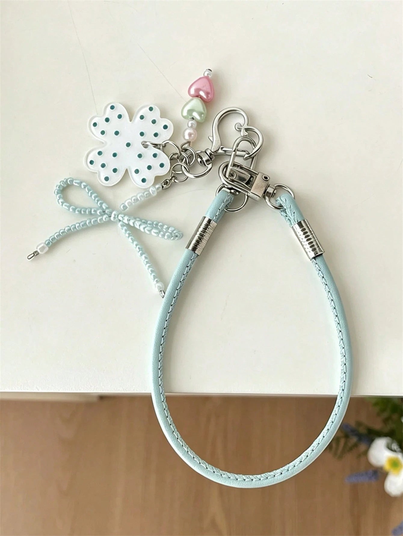 Y2K Creative Lovely Polka Dot Four-Leaf Clover Bow Pendant Mobile Phone Lanyard Summer Chain Hanging Rope Bag Anti-Loss Accessories
