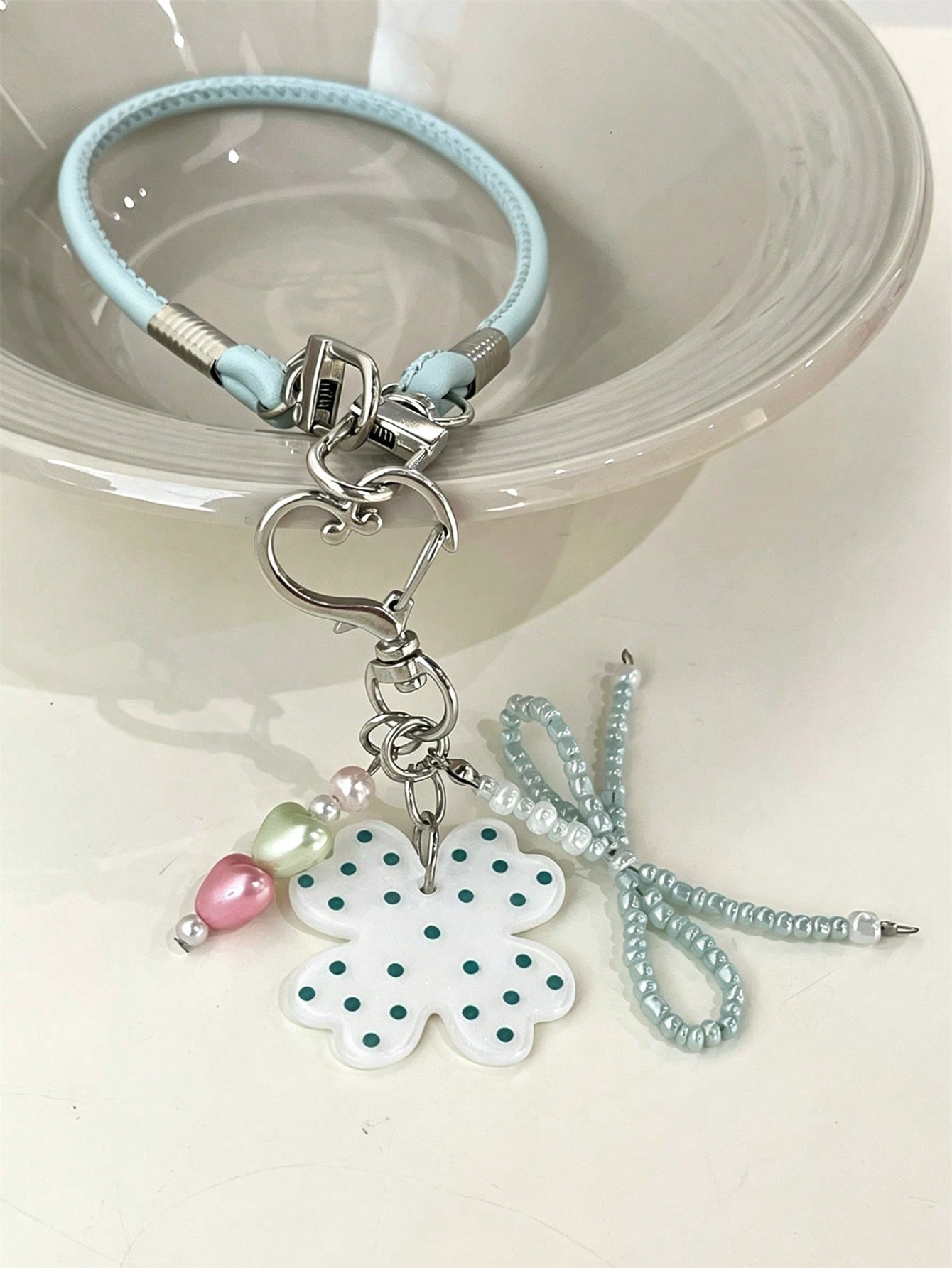 Y2K Creative Lovely Polka Dot Four-Leaf Clover Bow Pendant Mobile Phone Lanyard Summer Chain Hanging Rope Bag Anti-Loss Accessories