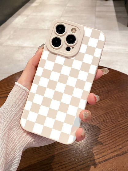 Y2K Matte Milky White Checkerboard Pattern Camera Protection TPU Phone Case, Aesthetic Style, Compatible With IPhone & Galaxy, Covers 16/16 Pro Max, Galaxy Cases, Phone Case, Case 17 Pro Max, Covers