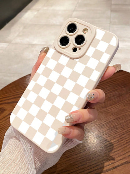 Y2K Matte Milky White Checkerboard Pattern Camera Protection TPU Phone Case, Aesthetic Style, Compatible With IPhone & Galaxy, Covers 16/16 Pro Max, Galaxy Cases, Phone Case, Case 17 Pro Max, Covers