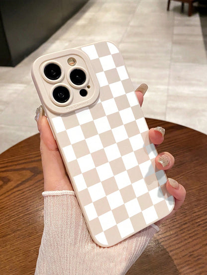 Y2K Matte Milky White Checkerboard Pattern Camera Protection TPU Phone Case, Aesthetic Style, Compatible With IPhone & Galaxy, Covers 16/16 Pro Max, Galaxy Cases, Phone Case, Case 17 Pro Max, Covers