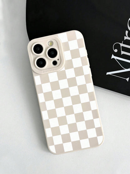 Y2K Matte Milky White Checkerboard Pattern Camera Protection TPU Phone Case, Aesthetic Style, Compatible With IPhone & Galaxy, Covers 16/16 Pro Max, Galaxy Cases, Phone Case, Case 17 Pro Max, Covers