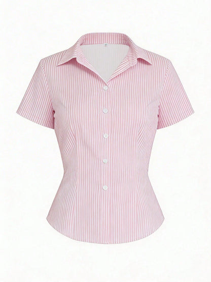 Y2K Retro Fitted Pink Striped Short Sleeve Shirt, Girly Summer Campus Street Casual Commute Top