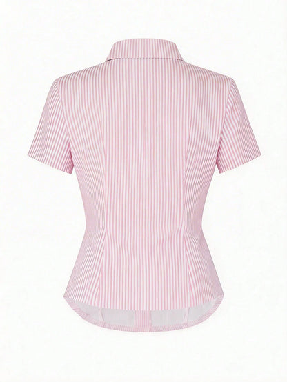 Y2K Retro Fitted Pink Striped Short Sleeve Shirt, Girly Summer Campus Street Casual Commute Top