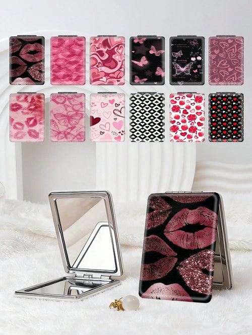 Y2K Style Fresh Series Foldable Lightweight Ultra-Thin Portable PU Leather Small Mirror For All People And Multiple Occasions, Cartoon Style Elements With Lips, Heart, Butterfly, Strawberry Pattern De