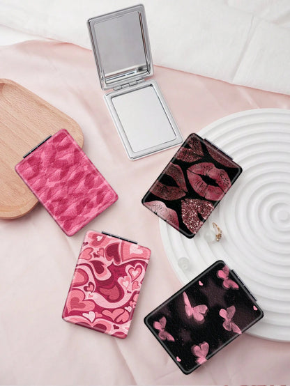 Y2K Style Fresh Series Foldable Lightweight Ultra-Thin Portable PU Leather Small Mirror For All People And Multiple Occasions, Cartoon Style Elements With Lips, Heart, Butterfly, Strawberry Pattern De