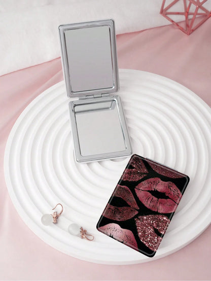 Y2K Style Fresh Series Foldable Lightweight Ultra-Thin Portable PU Leather Small Mirror For All People And Multiple Occasions, Cartoon Style Elements With Lips, Heart, Butterfly, Strawberry Pattern De