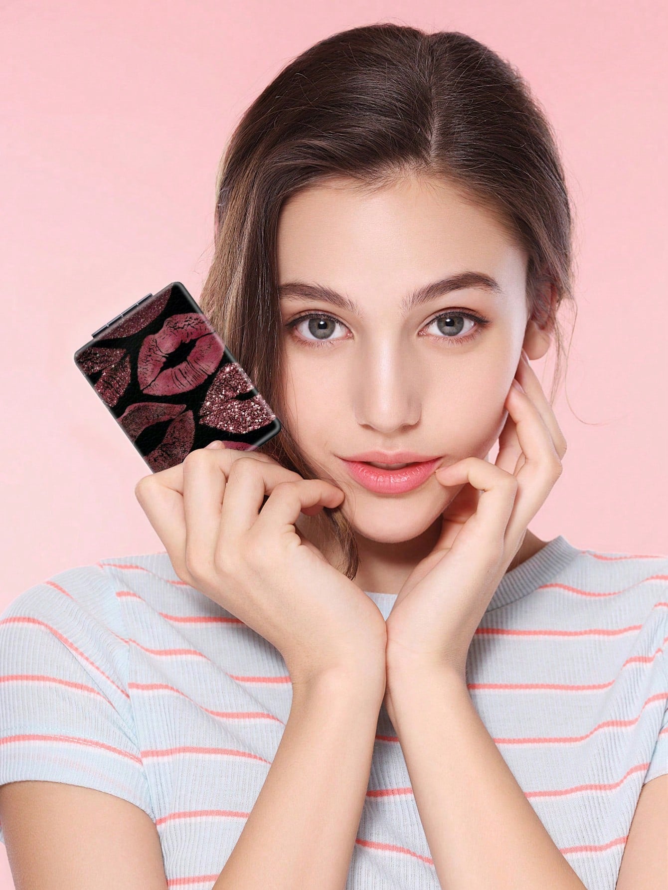 Y2K Style Fresh Series Foldable Lightweight Ultra-Thin Portable PU Leather Small Mirror For All People And Multiple Occasions, Cartoon Style Elements With Lips, Heart, Butterfly, Strawberry Pattern De
