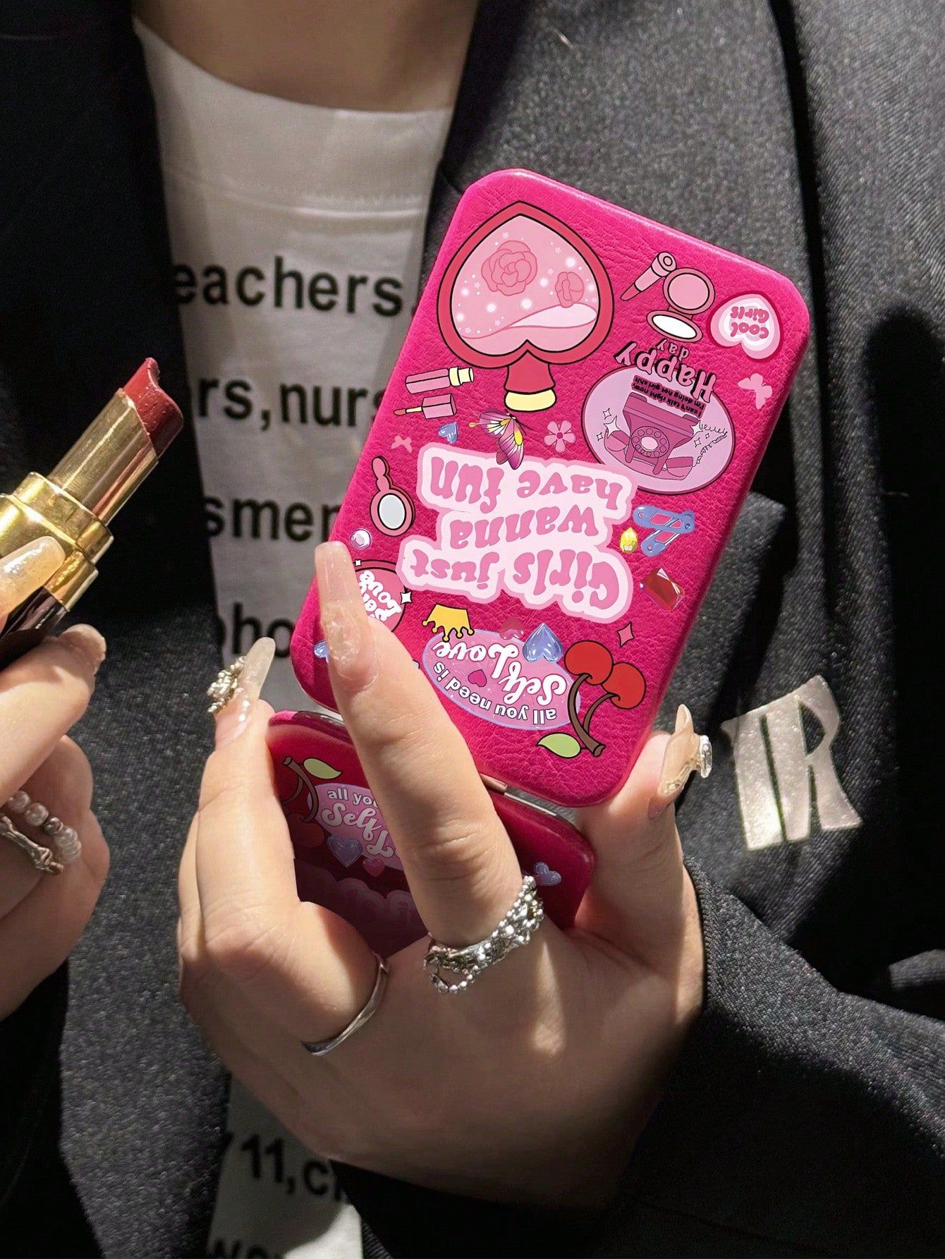 Y2K Style Pink Printed Pattern Flip Dual Mirror
