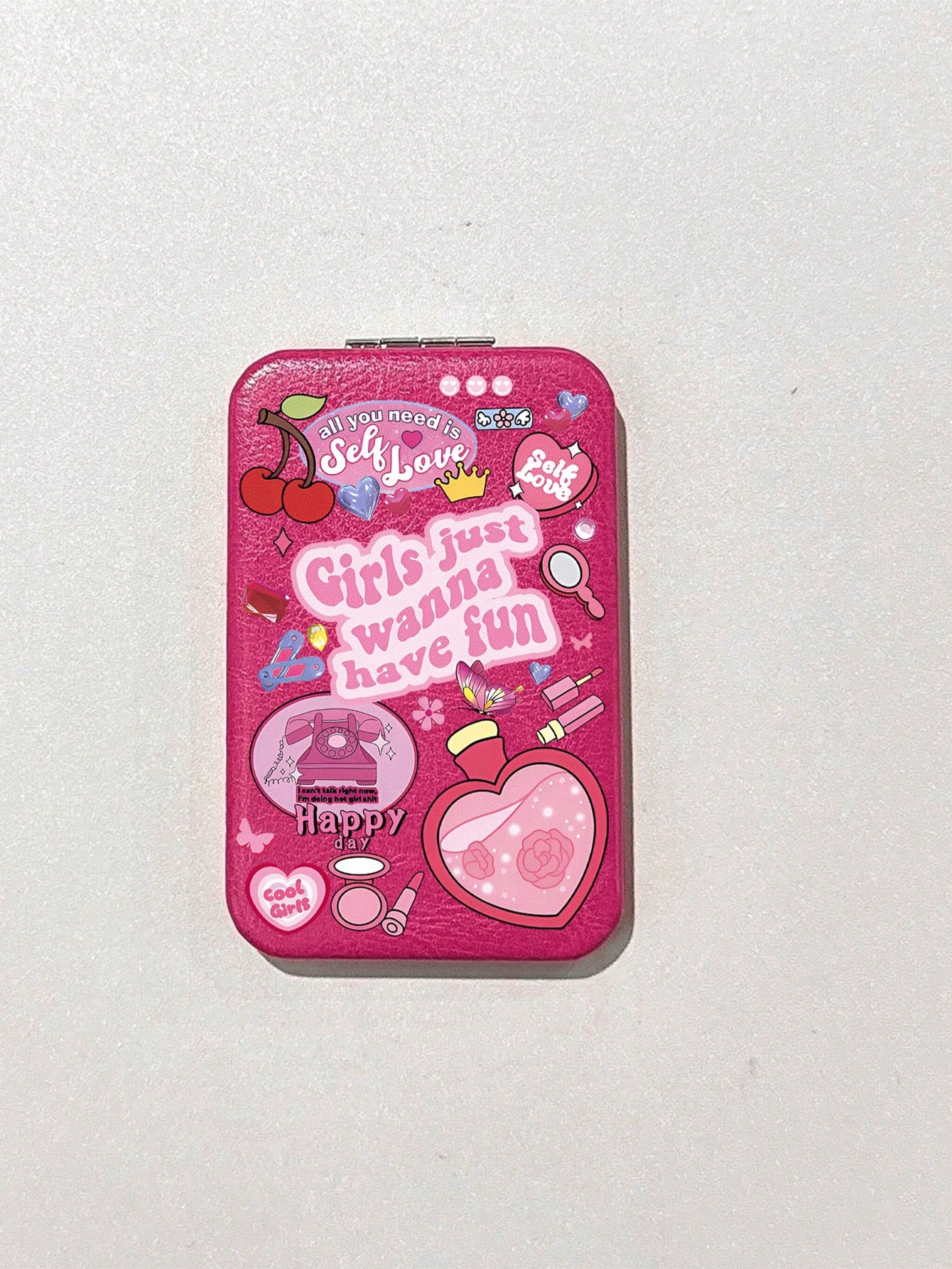 Y2K Style Pink Printed Pattern Flip Dual Mirror