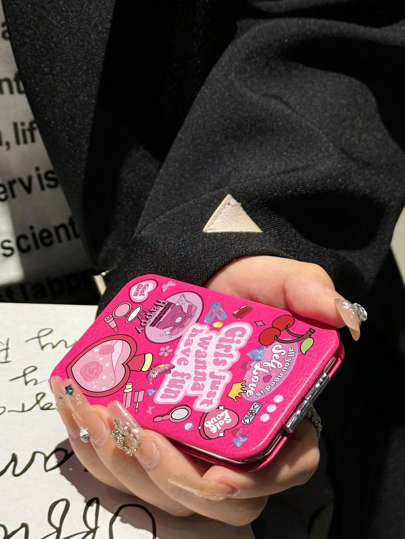 Y2K Style Pink Printed Pattern Flip Dual Mirror