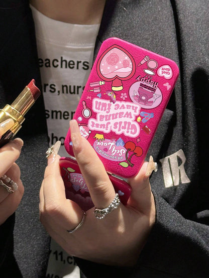 Y2K Style Pink Printed Pattern Flip Dual Mirror