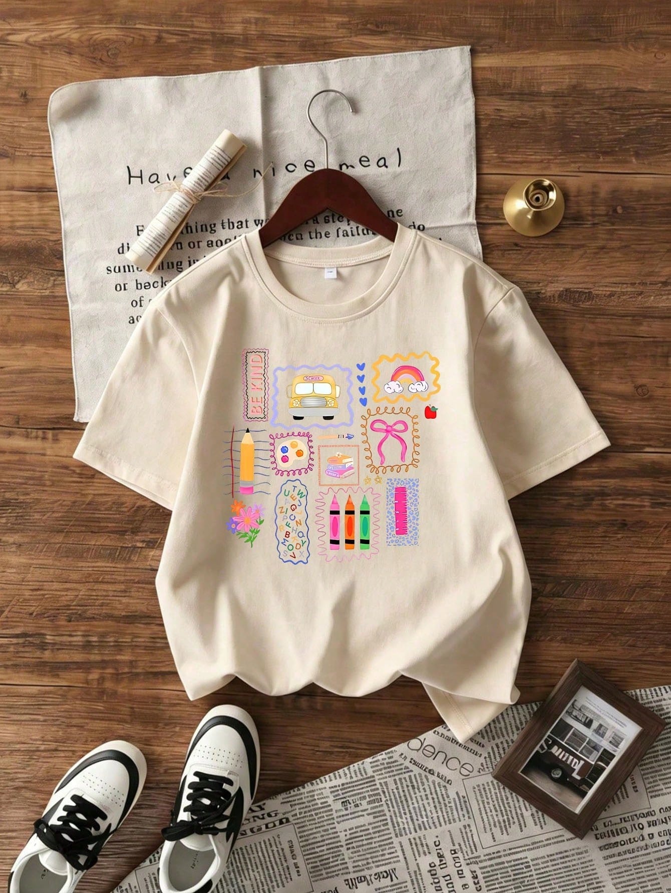 Y2K Women's Cute Graphic T-Shirt, Indie Style Colorful Crayon & Rainbow Print Short Sleeve Top, Sweet Casual Preppy Style Blouse Summer, Aesthetic