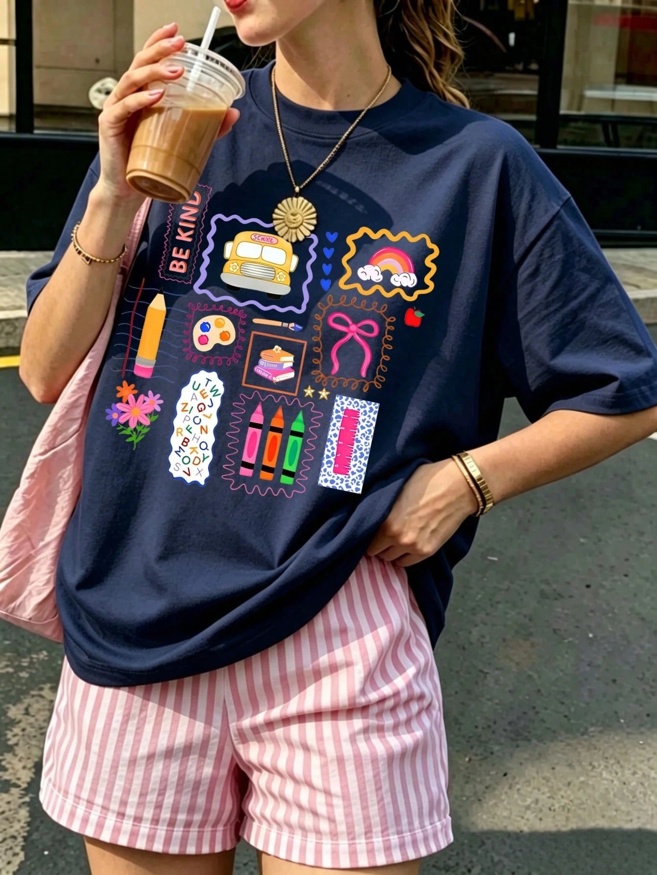 Y2K Women's Cute Graphic T-Shirt, Indie Style Colorful Crayon & Rainbow Print Short Sleeve Top, Sweet Casual Preppy Style Blouse Summer, Aesthetic