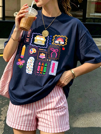 Y2K Women's Cute Graphic T-Shirt, Indie Style Colorful Crayon & Rainbow Print Short Sleeve Top, Sweet Casual Preppy Style Blouse Summer, Aesthetic