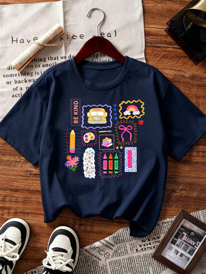 Y2K Women's Cute Graphic T-Shirt, Indie Style Colorful Crayon & Rainbow Print Short Sleeve Top, Sweet Casual Preppy Style Blouse Summer, Aesthetic
