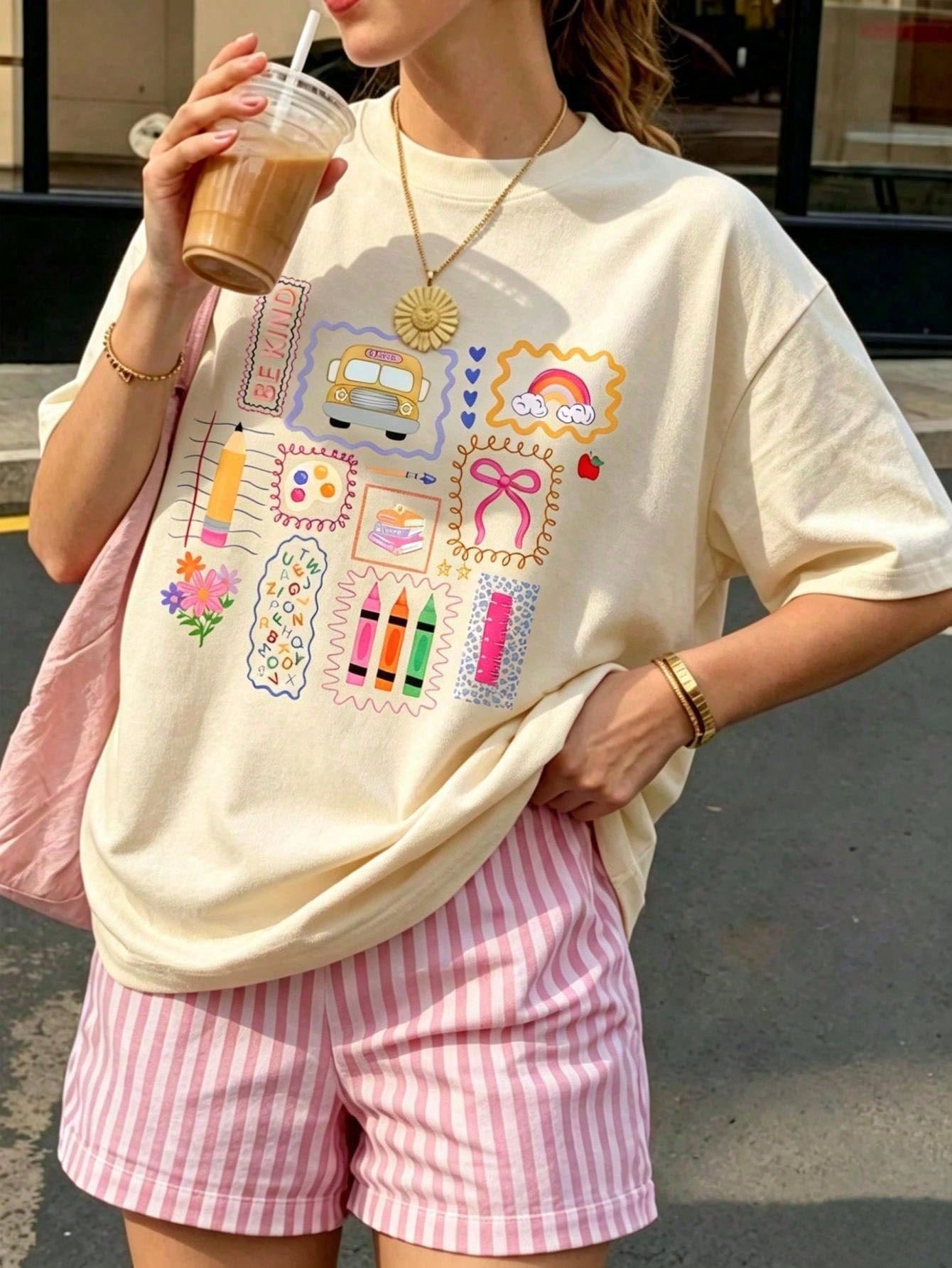 Y2K Women's Cute Graphic T-Shirt, Indie Style Colorful Crayon & Rainbow Print Short Sleeve Top, Sweet Casual Preppy Style Blouse Summer, Aesthetic